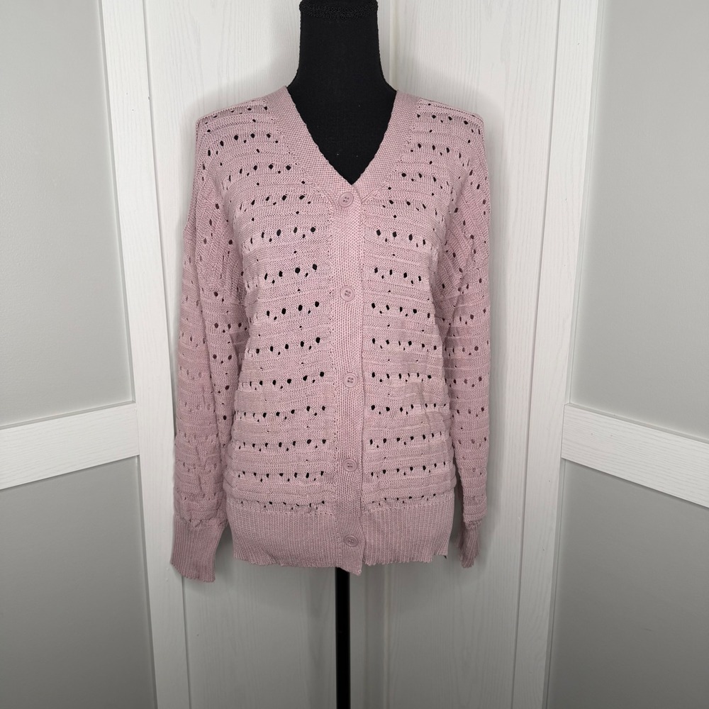 Yesfashion Cardigan Sweater Women XL Lilac Pointelle Open Knit V-Neck Button